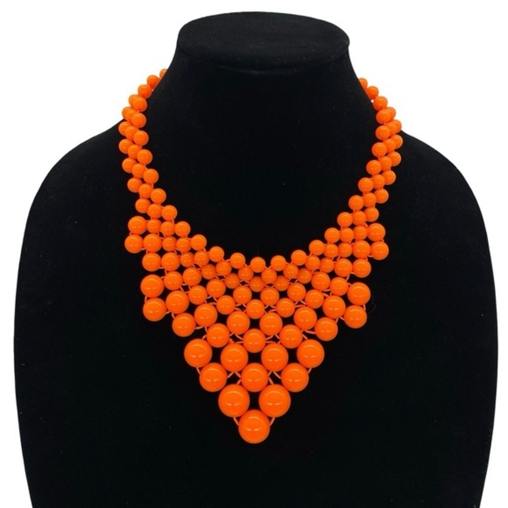 Amrita Singh Orange Beaded Bib Statement Necklace Retro Mod